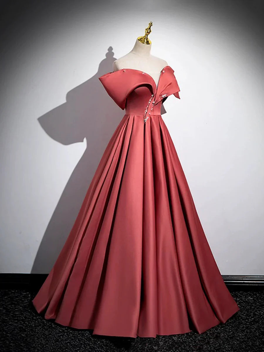 Hermoso vestido de fiesta largo de satén con hombros descubiertos, corte A, con perlas, largo hasta el suelo, TP251