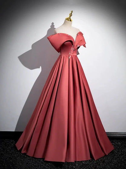 Hermoso vestido de fiesta largo de satén con hombros descubiertos, corte A, con perlas, largo hasta el suelo, TP251
