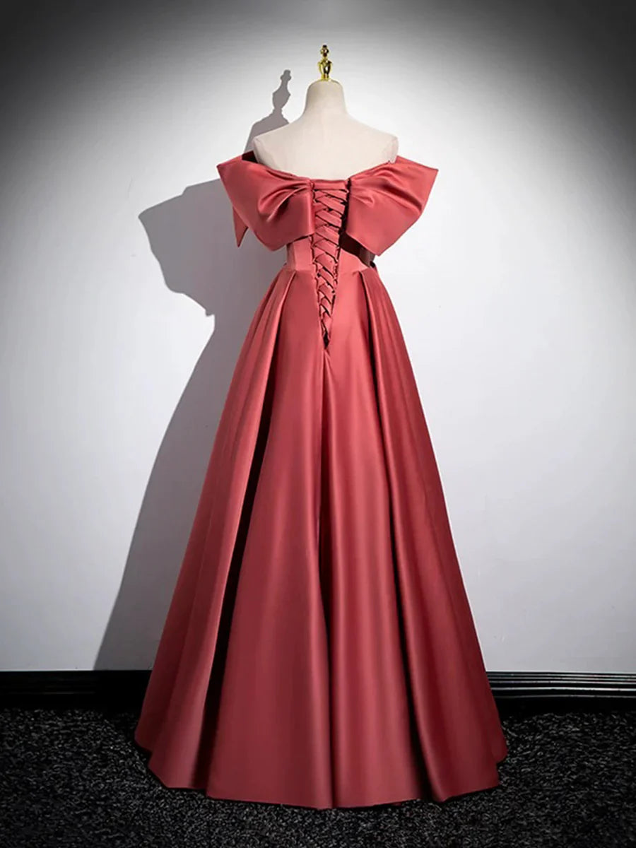 Hermoso vestido de fiesta largo de satén con hombros descubiertos, corte A, con perlas, largo hasta el suelo, TP251