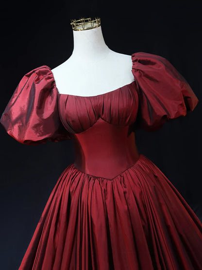 Burgundy Scoop Short Sleeves Party Dress, A-Line Long Evening Dress Prom Dress  TP252