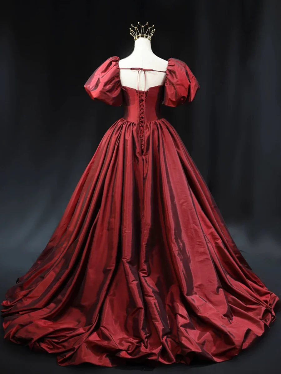 Burgundy Scoop Short Sleeves Party Dress, A-Line Long Evening Dress Prom Dress  TP252