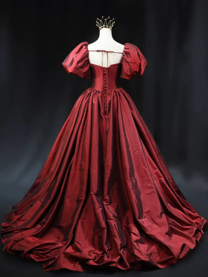 Burgundy Scoop Short Sleeves Party Dress, A-Line Long Evening Dress Prom Dress  TP252