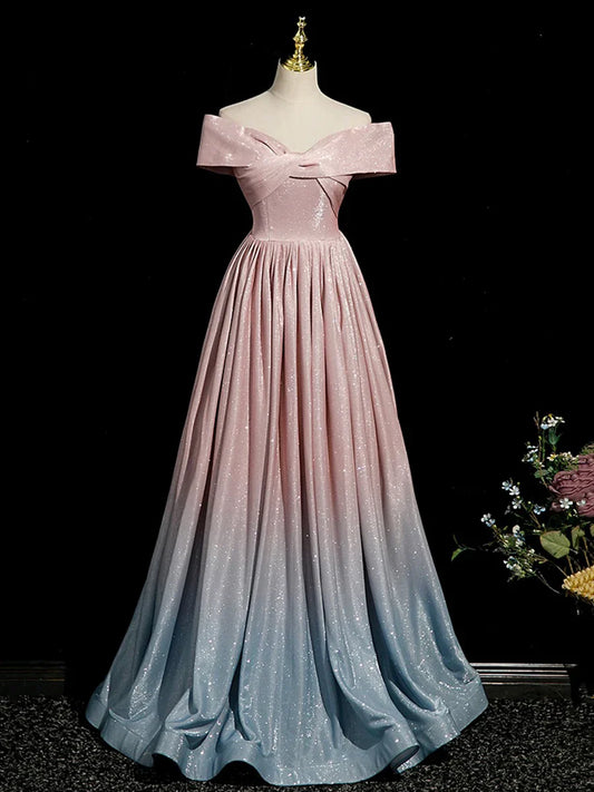 Vestido de fiesta rosa degradado brillante, largo hasta el suelo, con hombros descubiertos, corte A, TP254