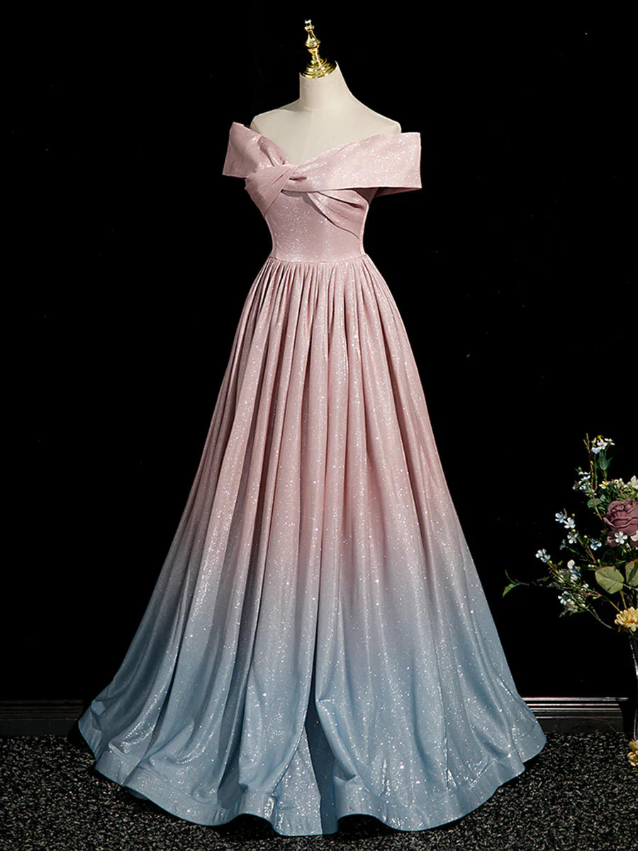 Vestido de fiesta rosa degradado brillante, largo hasta el suelo, con hombros descubiertos, corte A, TP254
