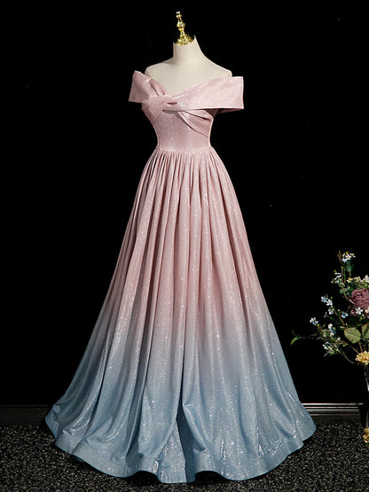 Vestido de fiesta rosa degradado brillante, largo hasta el suelo, con hombros descubiertos, corte A, TP254
