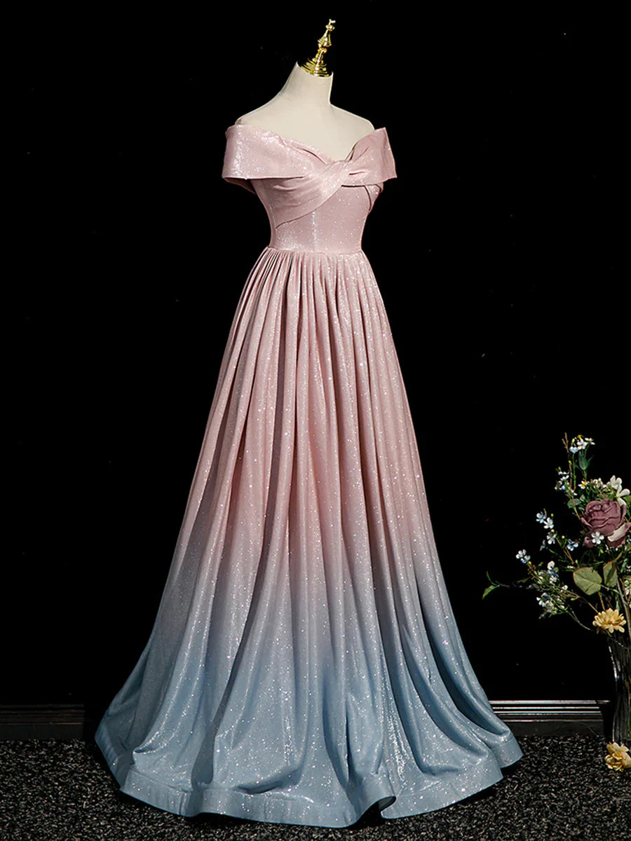 Vestido de fiesta rosa degradado brillante, largo hasta el suelo, con hombros descubiertos, corte A, TP254
