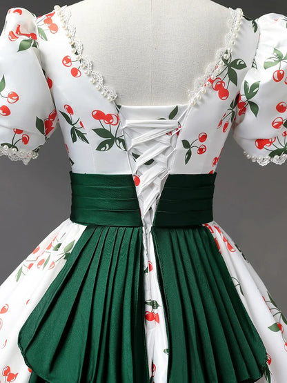 Beautiful Cherry Pattern Long Princess Prom Dress, White A-Line Short Sleeve Evening Party Dress  TP257