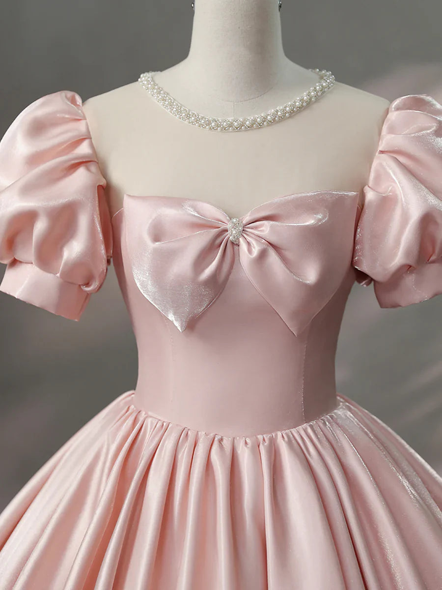 Beautiful Pink Scoop Neck Satin Floor Length Prom Dress, A-Line Short Sleeve Evening Dress with Bow  TP258