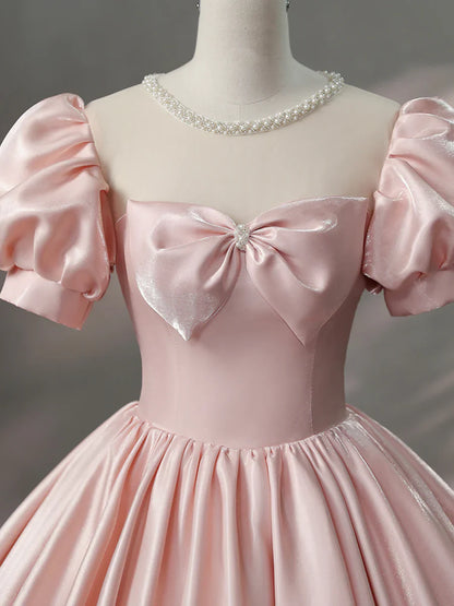 Beautiful Pink Scoop Neck Satin Floor Length Prom Dress, A-Line Short Sleeve Evening Dress with Bow  TP258