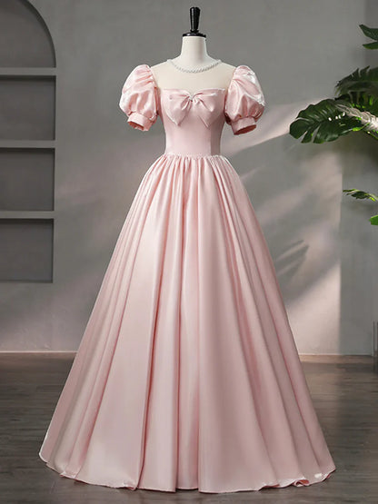 Beautiful Pink Scoop Neck Satin Floor Length Prom Dress, A-Line Short Sleeve Evening Dress with Bow  TP258