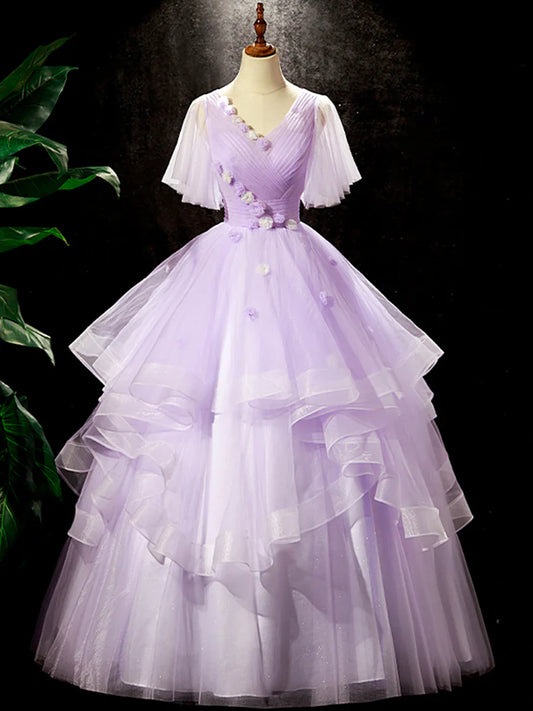 Vestido de fiesta morado con estampado floral, largo hasta el suelo, con escote en V, para fiesta de cumpleaños, TP261