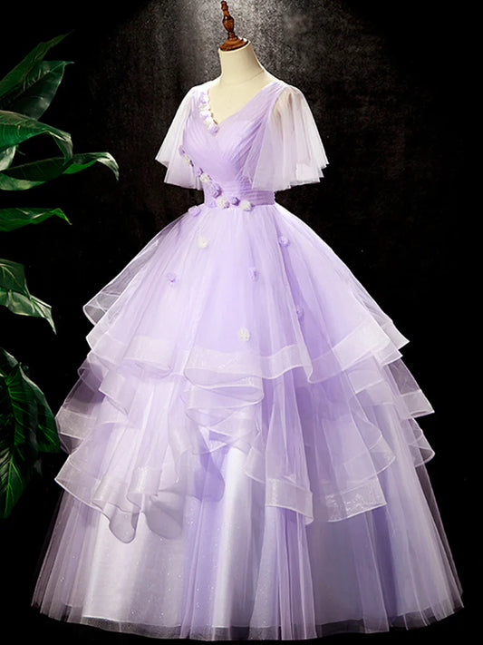 Vestido de fiesta morado con estampado floral, largo hasta el suelo, con escote en V, para fiesta de cumpleaños, TP261