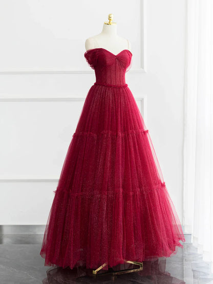 Burgundy Shiny Tulle Long Prom Dress, Beautiful A-Line Off the Shoulder Evening Dress  TP262