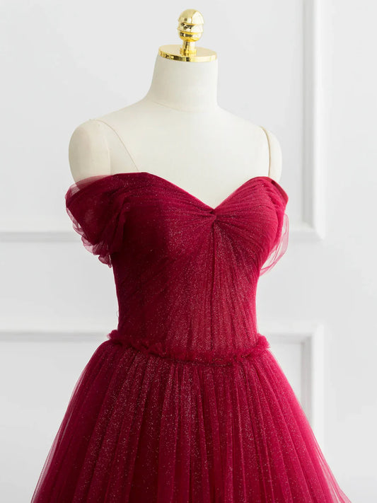 Burgundy Shiny Tulle Long Prom Dress, Beautiful A-Line Off the Shoulder Evening Dress  TP262