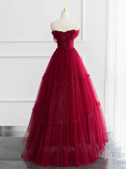 Burgundy Shiny Tulle Long Prom Dress, Beautiful A-Line Off the Shoulder Evening Dress  TP262