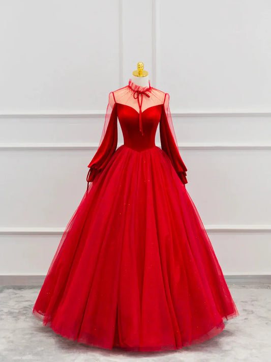 Vestido de fiesta de tul rojo de terciopelo hasta el suelo, hermoso vestido de fiesta de noche de manga larga TP263