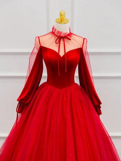 Vestido de fiesta de tul rojo de terciopelo hasta el suelo, hermoso vestido de fiesta de noche de manga larga TP263