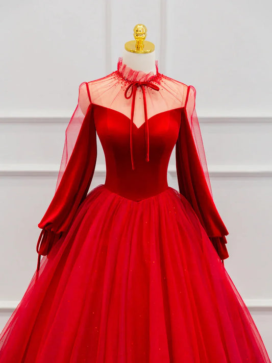 Vestido de fiesta de tul rojo de terciopelo hasta el suelo, hermoso vestido de fiesta de noche de manga larga TP263