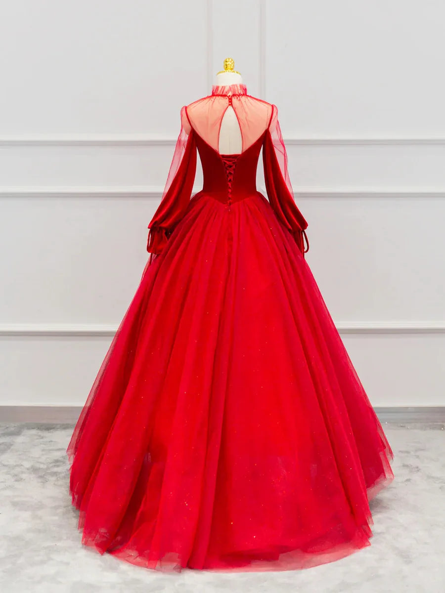 Vestido de fiesta de tul rojo de terciopelo hasta el suelo, hermoso vestido de fiesta de noche de manga larga TP263