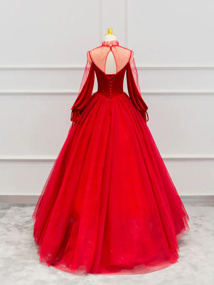 Vestido de fiesta de tul rojo de terciopelo hasta el suelo, hermoso vestido de fiesta de noche de manga larga TP263