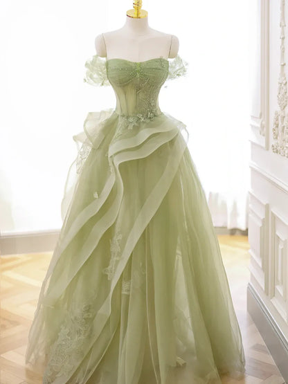 Green Tulle Long Floor Length Prom Dress, Beautiful A-Line Evening Party Dress with Lace  TP264