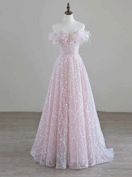 Vestido de fiesta largo de tul brillante con lentejuelas y hombros descubiertos, color rosa, TP267