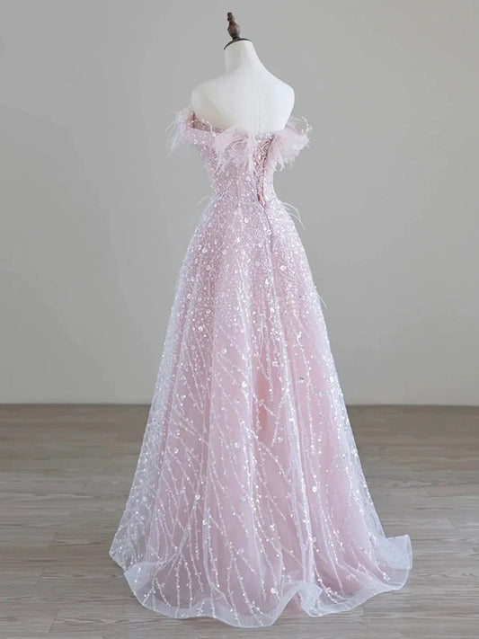 Vestido de fiesta largo de tul brillante con lentejuelas y hombros descubiertos, color rosa, TP267