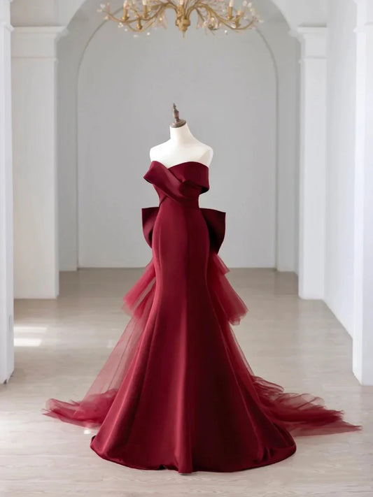 Vestido de fiesta de satén con hombros descubiertos y escote en V estilo sirena, TP268
