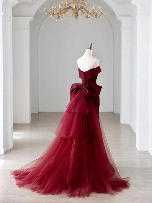 Vestido de fiesta de satén con hombros descubiertos y escote en V estilo sirena, TP268