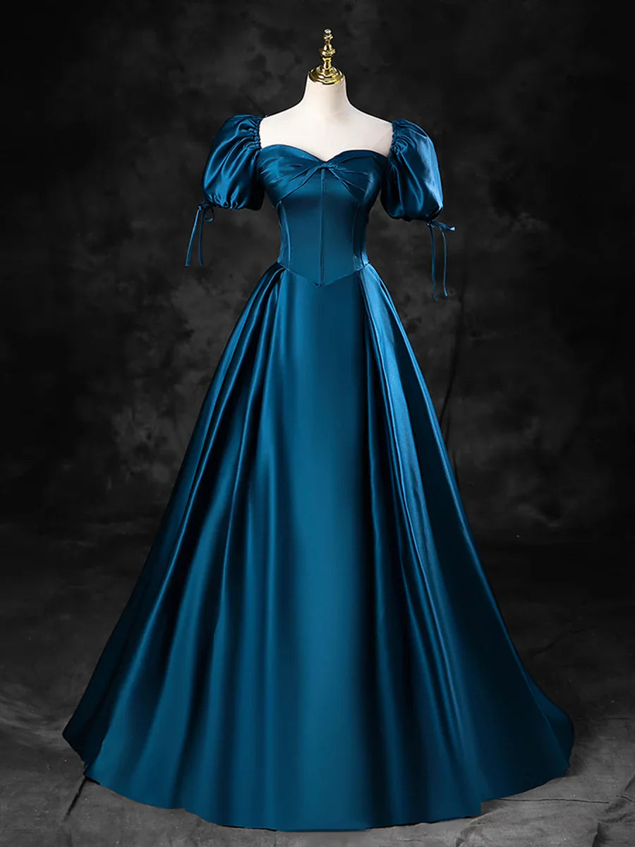 Vestido de fiesta azul de satén con hombros descubiertos y largo hasta el suelo, vestido de fiesta azul de corte A TP271