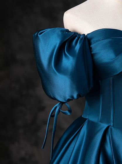Vestido de fiesta azul de satén con hombros descubiertos y largo hasta el suelo, vestido de fiesta azul de corte A TP271