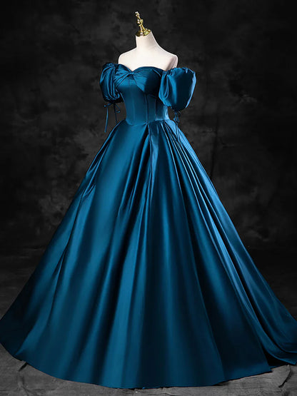 Vestido de fiesta azul de satén con hombros descubiertos y largo hasta el suelo, vestido de fiesta azul de corte A TP271