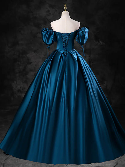 Vestido de fiesta azul de satén con hombros descubiertos y largo hasta el suelo, vestido de fiesta azul de corte A TP271