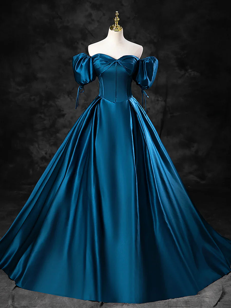 Vestido de fiesta azul de satén con hombros descubiertos y largo hasta el suelo, vestido de fiesta azul de corte A TP271