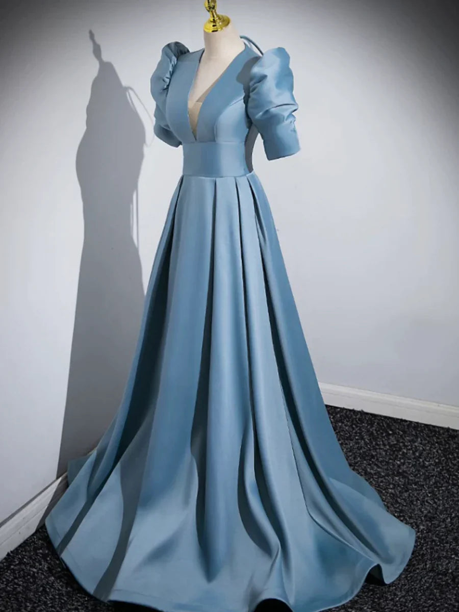 Blue Floor Length V-Neck Satin Prom Dress, Simple A-Line Evening Dress  TP275