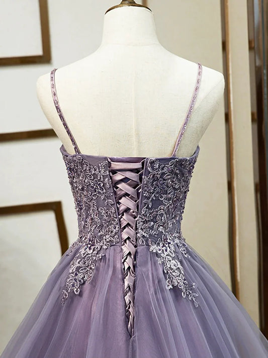 Vestido de fiesta morado con tirantes finos de encaje, precioso vestido de noche largo hasta el suelo con corsé de tul TP276