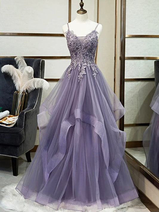 Vestido de fiesta morado con tirantes finos de encaje, precioso vestido de noche largo hasta el suelo con corsé de tul TP276