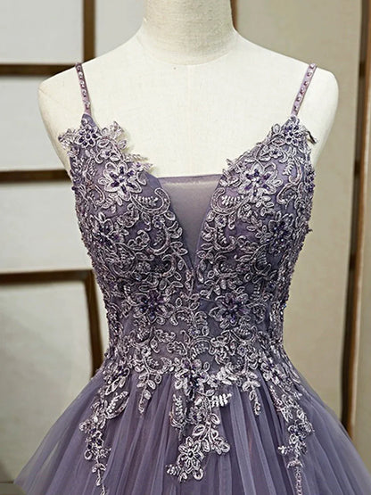 Vestido de fiesta morado con tirantes finos de encaje, precioso vestido de noche largo hasta el suelo con corsé de tul TP276