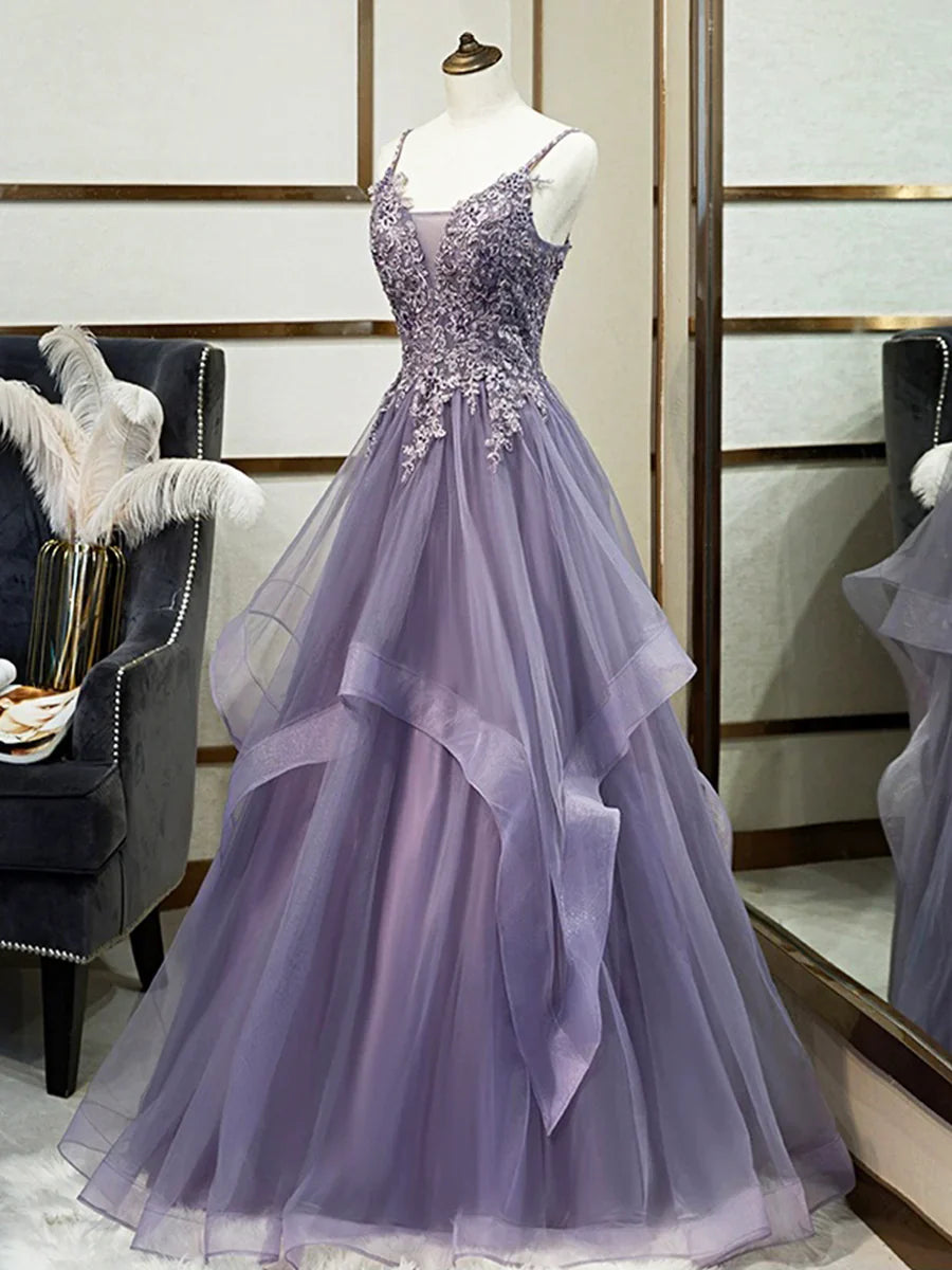 Vestido de fiesta morado con tirantes finos de encaje, precioso vestido de noche largo hasta el suelo con corsé de tul TP276