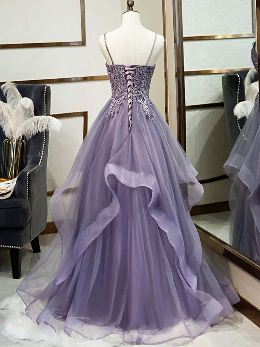 Vestido de fiesta morado con tirantes finos de encaje, precioso vestido de noche largo hasta el suelo con corsé de tul TP276