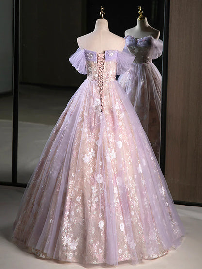 Purple A-Line Off the Shoulder Sequins Prom Dress, Lovely Tulle Corset Floor Length Evening Dress  TP277