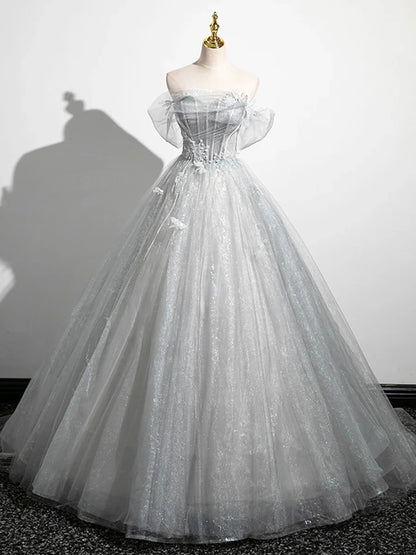 A-Line Off the Shoulder Sparkly Prom Dress, Gray Tulle Corset Floor Length Evening Dress  TP278