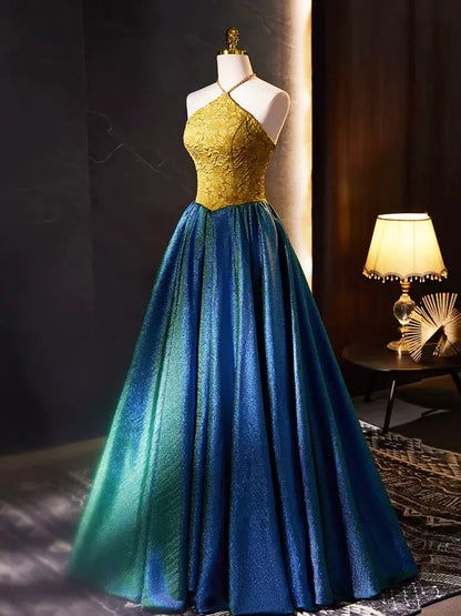 Vestido de fiesta largo retro con cuello halter, elegante vestido de fiesta de noche de corte A TP279