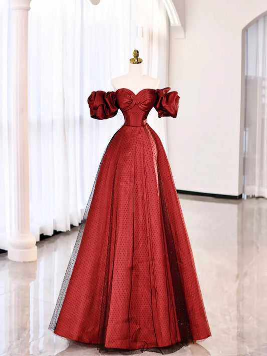 Burgundy Satin Polka Dot Tulle Prom Dress, Lovely Floor Length Short Sleeve Evening Dress  TP280