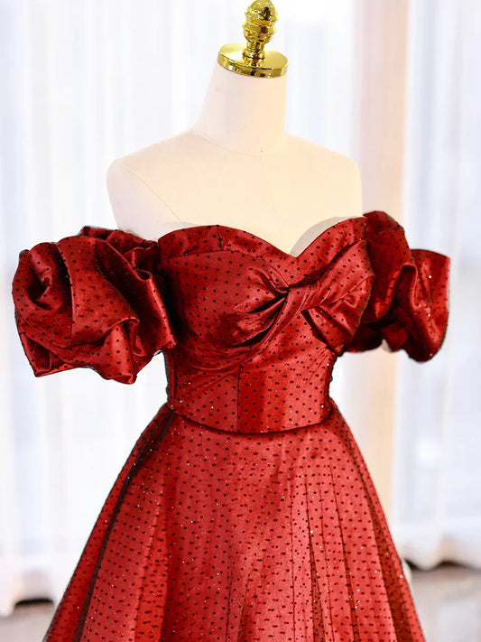 Burgundy Satin Polka Dot Tulle Prom Dress, Lovely Floor Length Short Sleeve Evening Dress  TP280