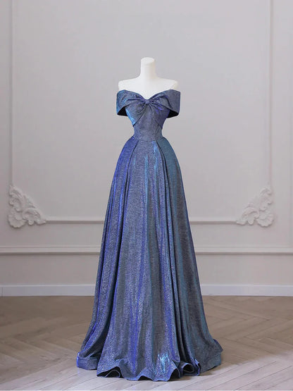 Vestido de fiesta azul brillante con hombros descubiertos y corte en A, largo hasta el suelo, TP282