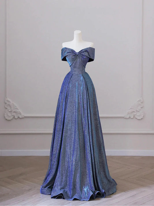 Vestido de fiesta azul brillante con hombros descubiertos y corte en A, largo hasta el suelo, TP282