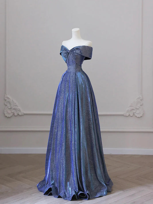 Vestido de fiesta azul brillante con hombros descubiertos y corte en A, largo hasta el suelo, TP282
