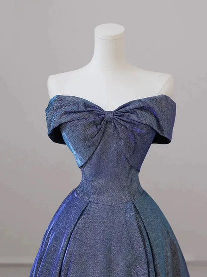 Vestido de fiesta azul brillante con hombros descubiertos y corte en A, largo hasta el suelo, TP282