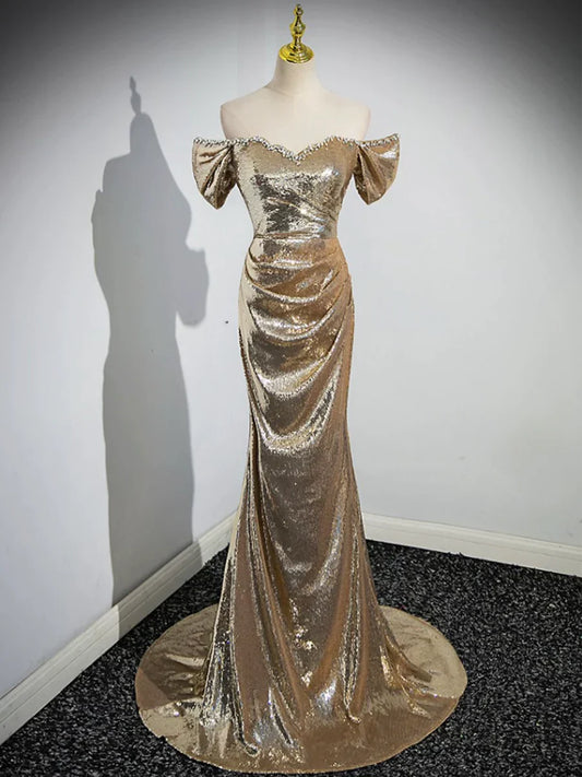 Gold Sequins Floor Length Prom Dress, Mermaid Off the Shoulder Evening Party Dress  TP283